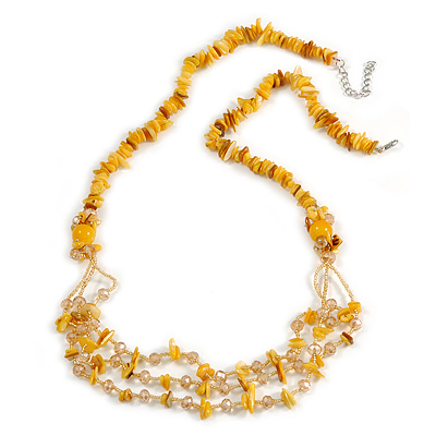 Long Stylish Shell and Glass Bead with Crystal Ring Necklace In Silver Tone (Mustard Yellow/ Light Citrine) - 84cm L/ 5cm Ext