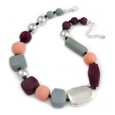 Statement Geometric Resin Bead Necklace In Silver Tone (Grey, Purple, Pink, Silver) - 50cm L/ 6cm Ext
