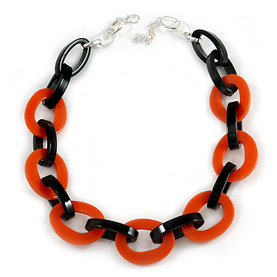 Statement Chunky Oval Link Acrylic Necklace (Black/ Orange) in Silver Tone - 63cm L/ 5cm Ext