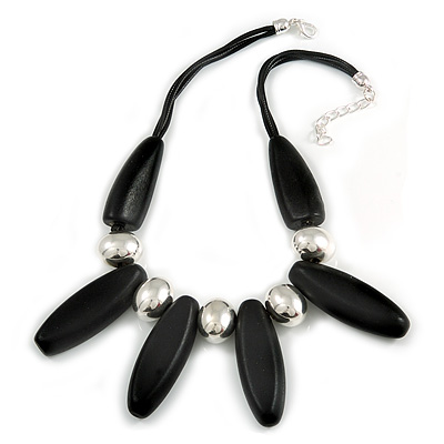 Statement Chunky Black Wood Bead and Silver Ball Cotton Cord Necklace - 51cm L/ 5cm Ext - main view