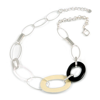 Stylish Chunky Oval Link Necklace in Silver Tone Metal (Cream/ Black) - 48cm L/ 5cm Ext - main view
