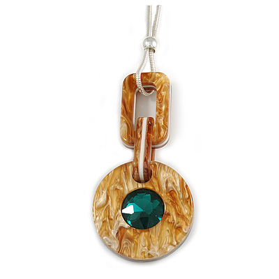Oversized Brown Round Resin Pendant with Green Crystal on Light Silver Thick Chain - 88cm L/ 5cm L