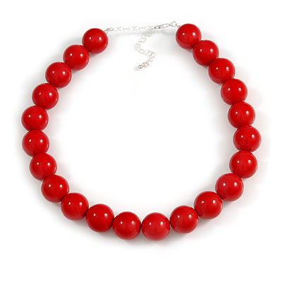 20mm Chunky Red Acrylic Bead Necklace in Silver Tone - 44cm L/ 9cm Ext