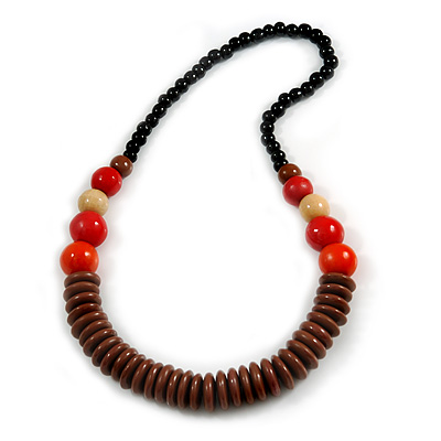 Chunky Ball and Button Wood Bead Necklace in Brown/ Red/ Orange/ Black - 70cm Long