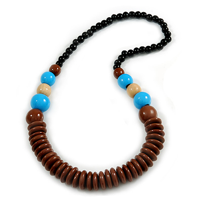Chunky Ball and Button Wood Bead Necklace in Brown/ Light Blue/ Natural/ Black - 70cm Long