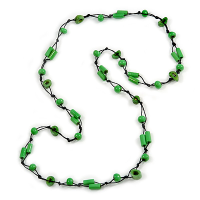 Long Lime Green Wood, Bone Beaded Black Cord Necklace - 106cm L - main view