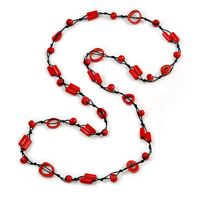 Long Red Wood, Bone Beaded Black Cord Necklace - 106cm L