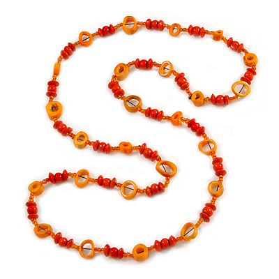 Long Orange Wood, Glass, Bone Beaded Necklace - 110cm L - main view