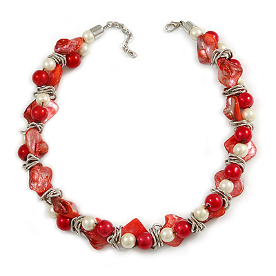 Exquisite Faux Pearl & Shell Composite Silver Tone Link Necklace In Peach Red/ White - 40cm L/ 5cm Ext
