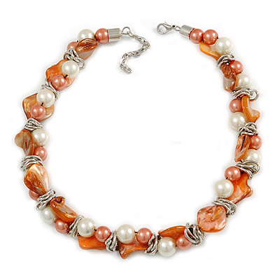 Exquisite Faux Pearl & Shell Composite Silver Tone Link Necklace In Peach Orange/ White - 40cm L/ 5cm Ext
