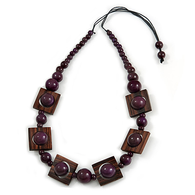 Chunky Square and Round Wood Bead Cotton Cord Necklace (Deep Purple/ Brown) - 74cm L