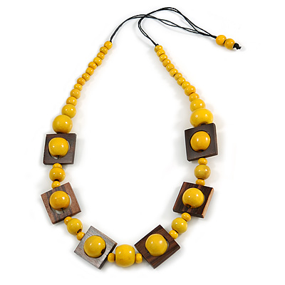 Chunky Square and Round Wood Bead Cotton Cord Necklace (Yellow/ Brown) - 74cm L - main view