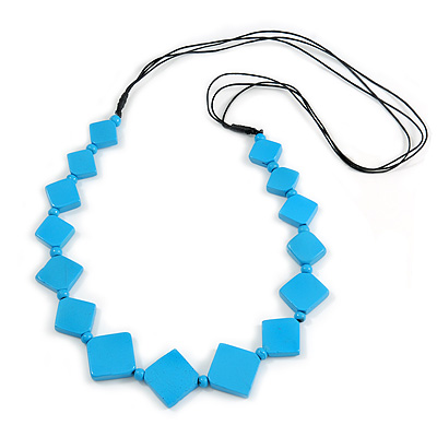 Long Bright Blue Bone Square Bead Black Cotton Cord Necklace (possible natural irregularities) - 82cm L - main view
