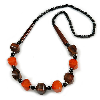 Chunky Orange/ Brown/ Black Wooden Bead Necklace - 80cm Long