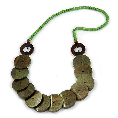 Grass Green/ Olive Green/ Brown Wood Button Bead Necklace - 80cm L