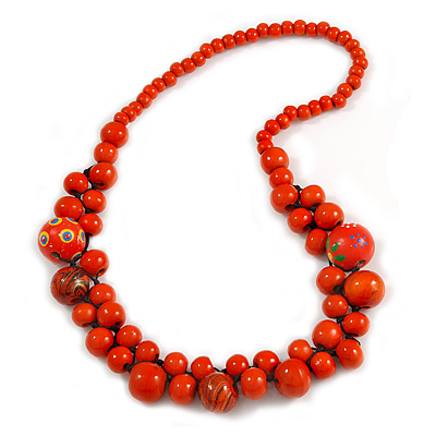 Orange Cluster Wood Bead Necklace - 60cm Long