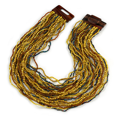 Dusty Yellow/ Peacock/ Bronze Glass Bead Multistrand, Layered Necklace With Wooden Square Closure - 60cm L