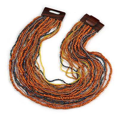 Dusty Orange/ Peacock/ Yellow Glass Bead Multistrand, Layered Necklace With Wooden Square Closure - 60cm L
