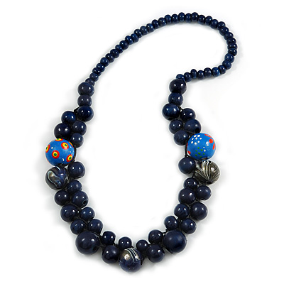 Dark Blue Cluster Wood Bead Necklace - 60cm Long - main view