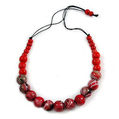 Stylish Graduated Wood Bead Cotton Cord Necklace In Red/ Black - 64cm Long