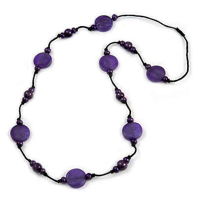 Deep Purple Wood and Resin Bead Black Cord Necklace - 100cm Long