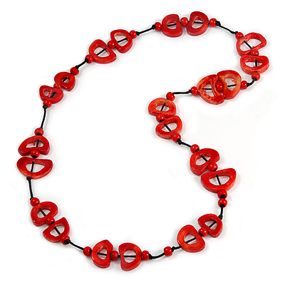 Red Bone, Wood Beaded Black Cotton Cord Long Necklace - 88cm L - main view