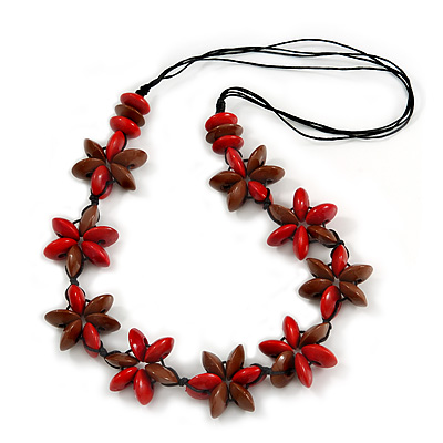 Red/ Brown Wood Flower Black Cotton Cord Necklace - 68cm Long