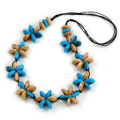 Light Blue/ Teal/ Natural Wood Flower Black Cotton Cord Necklace - 68cm Long