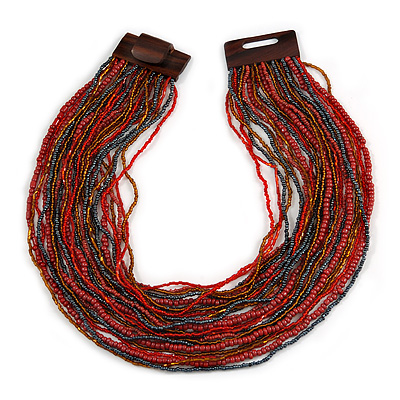 Ox Blood/ Peacock/ Bronze Glass Bead Multistrand, Layered Necklace With Wooden Square Closure - 60cm L - main view