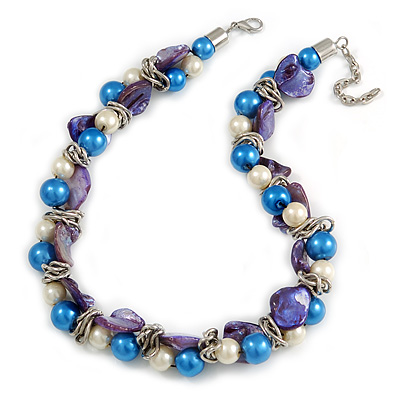 Exquisite Faux Pearl & Shell Composite Silver Tone Link Necklace In White/ Blue - 40cm L/ 5cm Ext