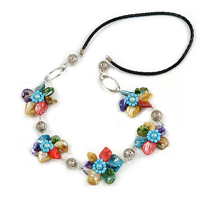 Multicoloured Sea Shell Floral Faux Leather Cord Necklace - 76cm Long
