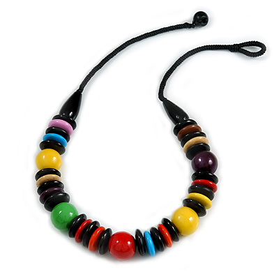 Chunky Multicoloured Round and Button Wood Bead Cotton Cord Necklace - 66cm Long