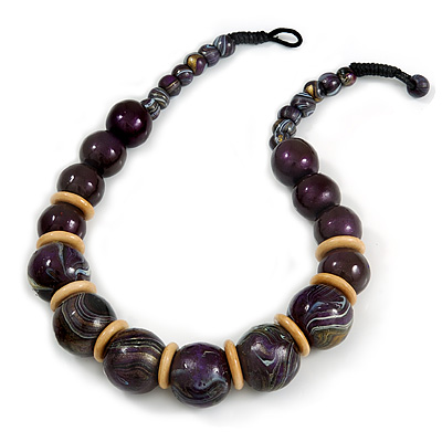 Chunky Colour Fusion Wood Bead Necklace (Purple/ Natural) - 48cm L