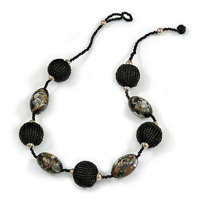 Black/ Grey Glass, Resin Bead Chunky Necklace - 50cm Long - main view