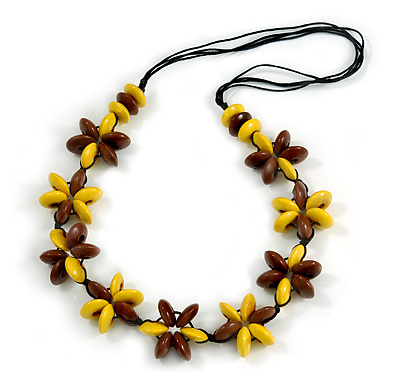 Yellow/ Brown Wood Flower Black Cotton Cord Necklace - 68cm Long