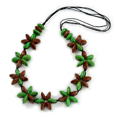 Green/ Brown Wood Flower Black Cotton Cord Necklace - 68cm Long
