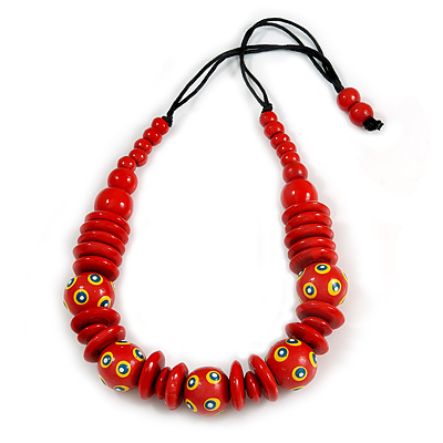 Red Ball and Button Wood Bead Black Cotton Cord Necklace - 66cm Long