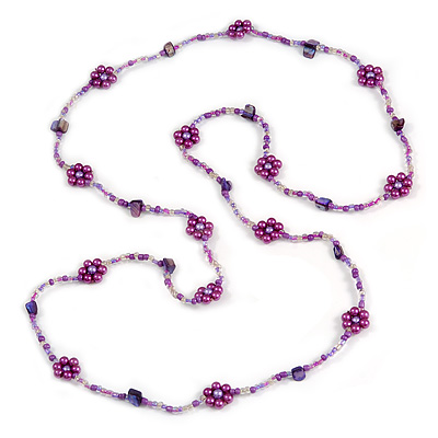 Long Purple/ Transparent Coloured Glass Bead Sea Shell Nugget  Floral Necklace - 132cm Length - main view