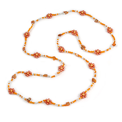 Long Orange/ Peach/ Transparent Glass Bead Shell Nugget Floral Necklace - 132cm Length