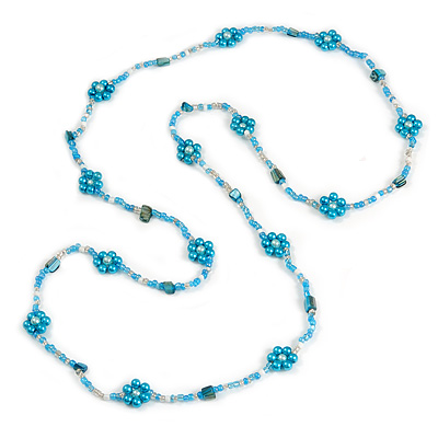 Long Light Blue/ White/ Transparent Glass Bead Shell Nugget Floral Necklace - 132cm Length