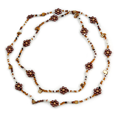 Long Brown/ White/ Bronze Coloured Glass Bead Sea Shell Floral Necklace - 132cm Length - main view
