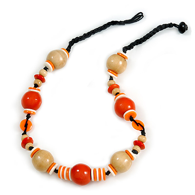 Orange/ Natural/ White Wood Bead Black Cord Necklace - 50cm Long