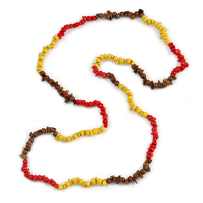 Red/ Yellow/ Brown Wood and Semiprecious Stone Long Necklace - 96cm Long