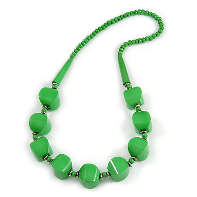 Chunky Bright Green Wood Bead Necklace - 68cm L - main view