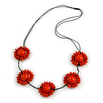 Orange Wood Bead Floral Necklace with Black Cotton Cords - 70cm Long