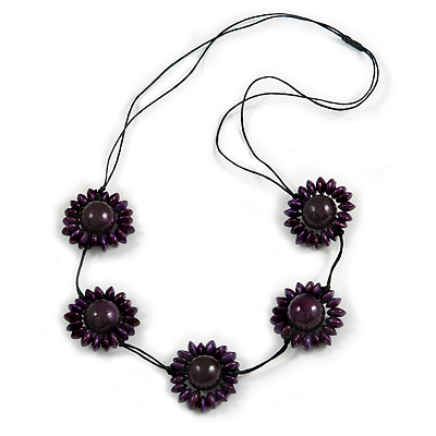 Deep Purple Wood Bead Floral Necklace with Black Cotton Cords - 70cm Long