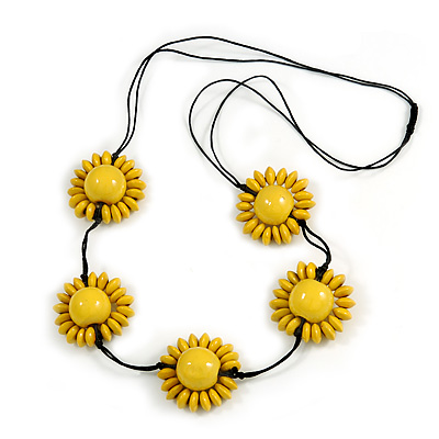 Yellow Wood Bead Floral Necklace with Black Cotton Cords - 70cm Long