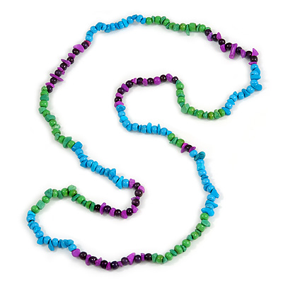 Light Blue/ Purple/ Green Wood and Semiprecious Stone Long Necklace - 96cm Long