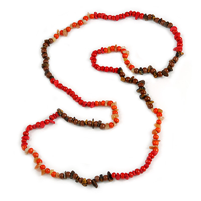 Red/ Orange/ Brown Wood and Semiprecious Stone Long Necklace - 96cm Long