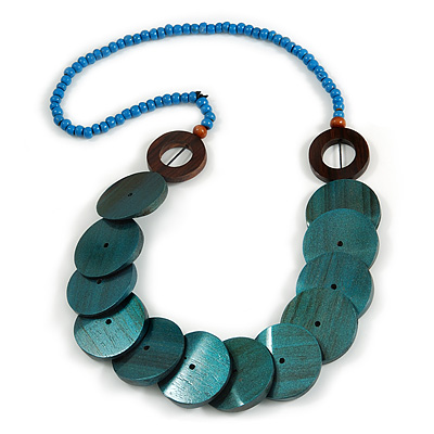 Light Blue/ Teal/ Brown Wood Button Bead Necklace - 80cm L